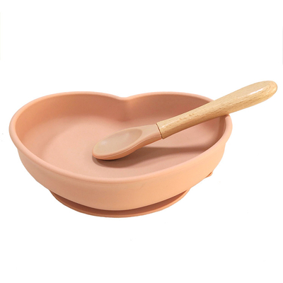 Kişiye Özel Bebek Silikon Yemek Tabağı Takımı Pembe Tahta Kaşıklı