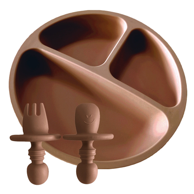 Çevre Dostu Taşınabilir Bölünmüş Silikon Bebek Tabağı 19.8cm Kaşık Ve Çatal Besleme Seti